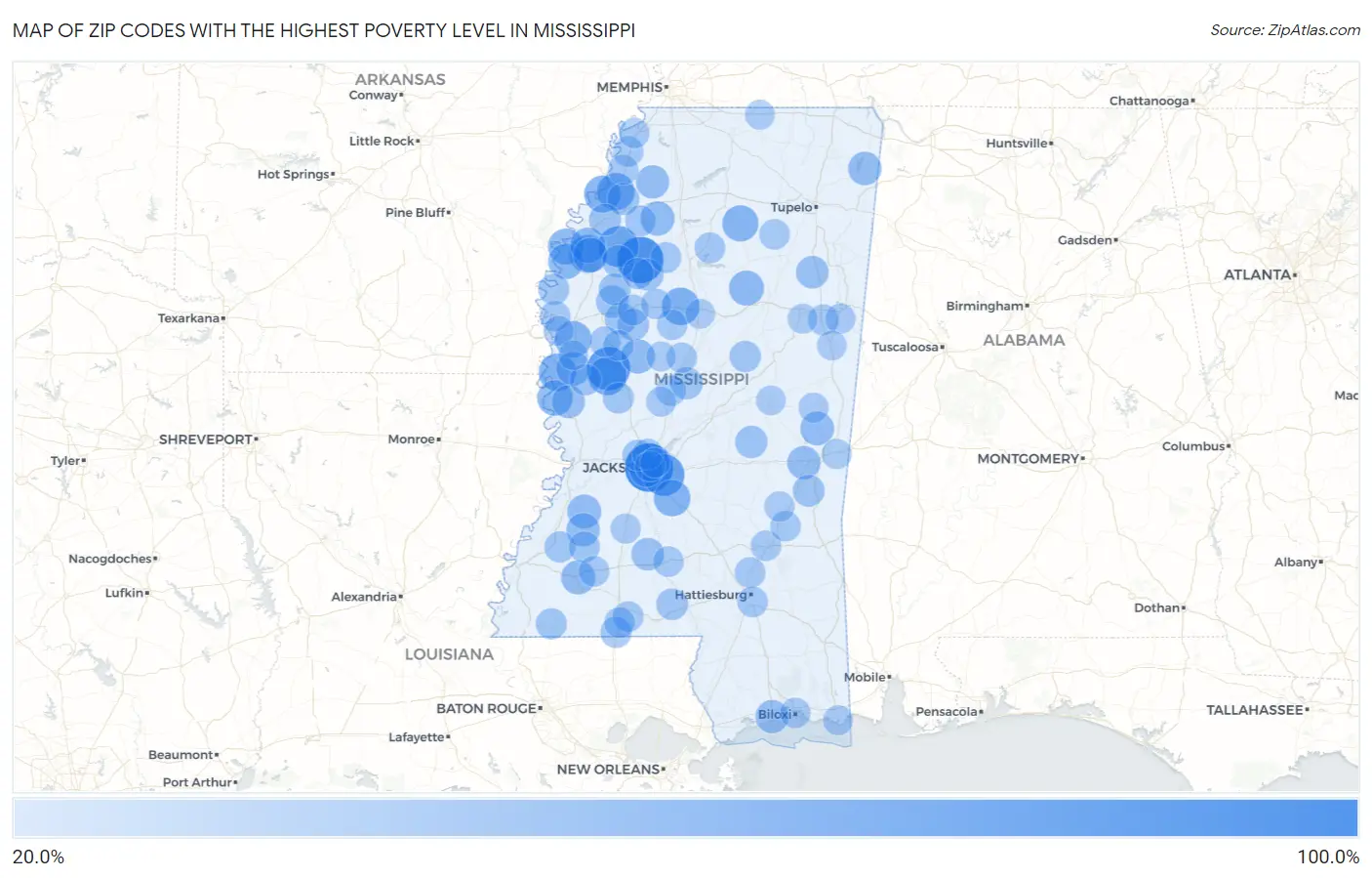 Zip Codes with the Highest Poverty Level in Mississippi Map