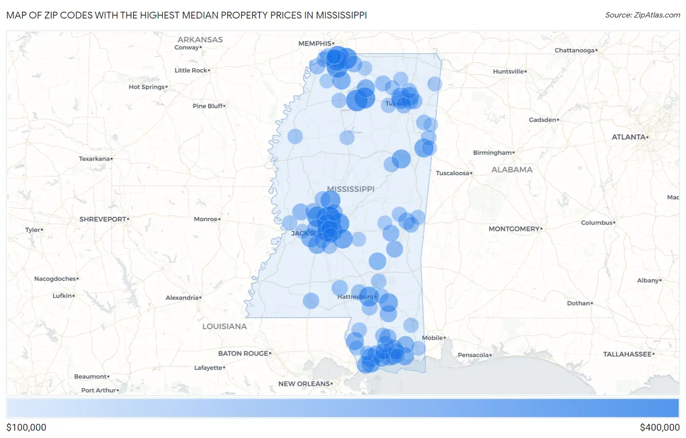 Zip Codes with the Highest Median Property Prices in Mississippi Map