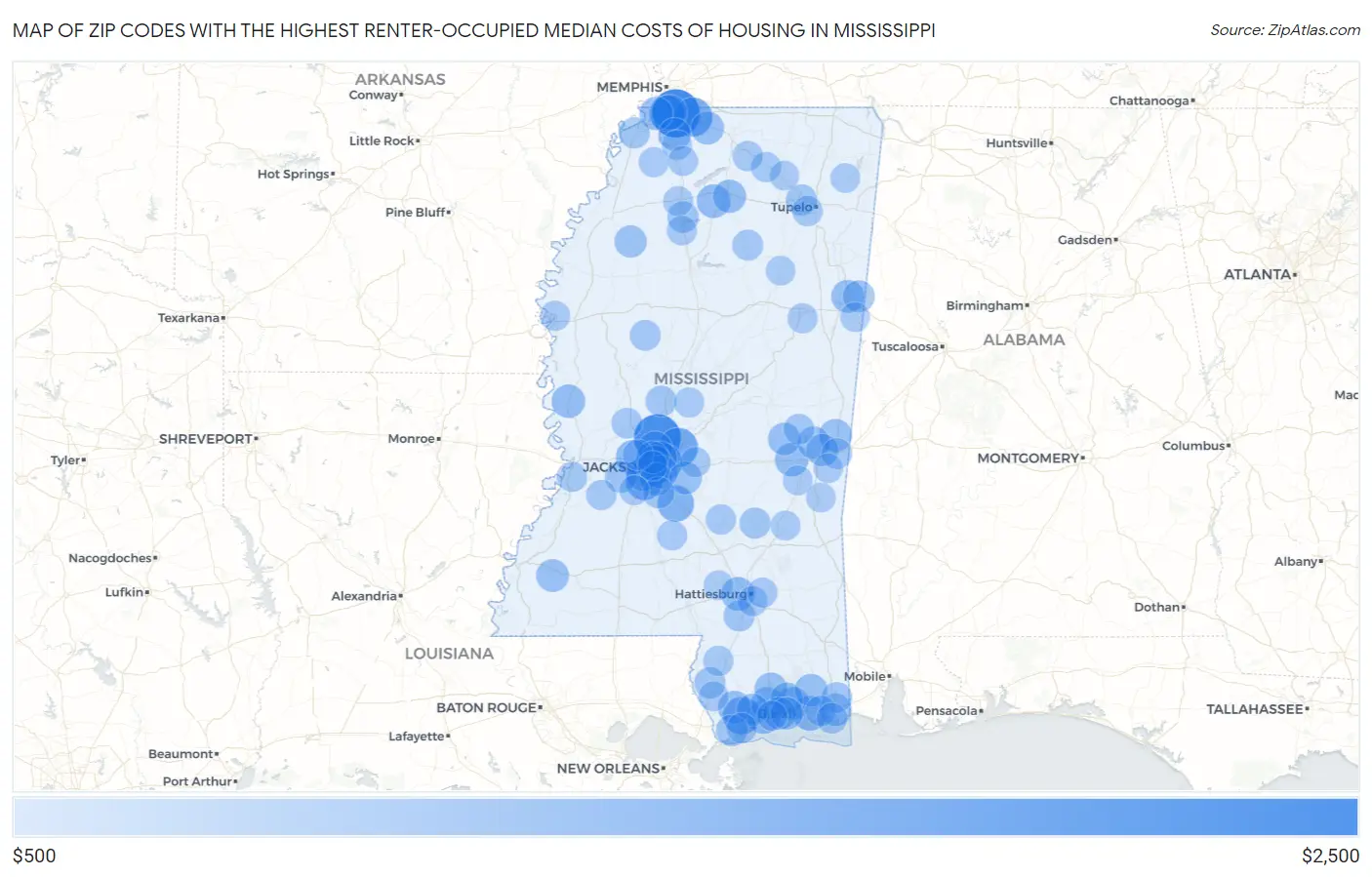 Zip Codes with the Highest Renter-Occupied Median Costs of Housing in Mississippi Map