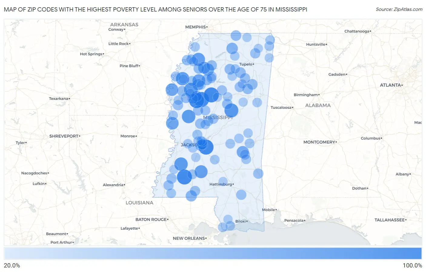 Zip Codes with the Highest Poverty Level Among Seniors Over the Age of 75 in Mississippi Map