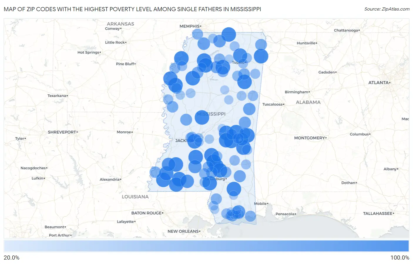 Zip Codes with the Highest Poverty Level Among Single Fathers in Mississippi Map