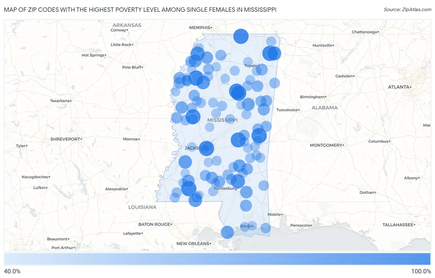Zip Codes with the Highest Poverty Level Among Single Females in Mississippi Map