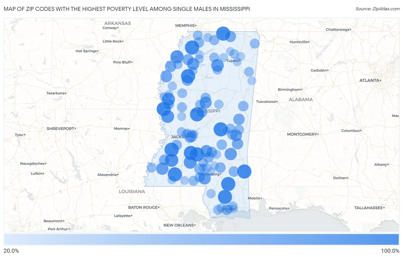 Zip Codes with the Highest Poverty Level Among Single Males in Mississippi Map