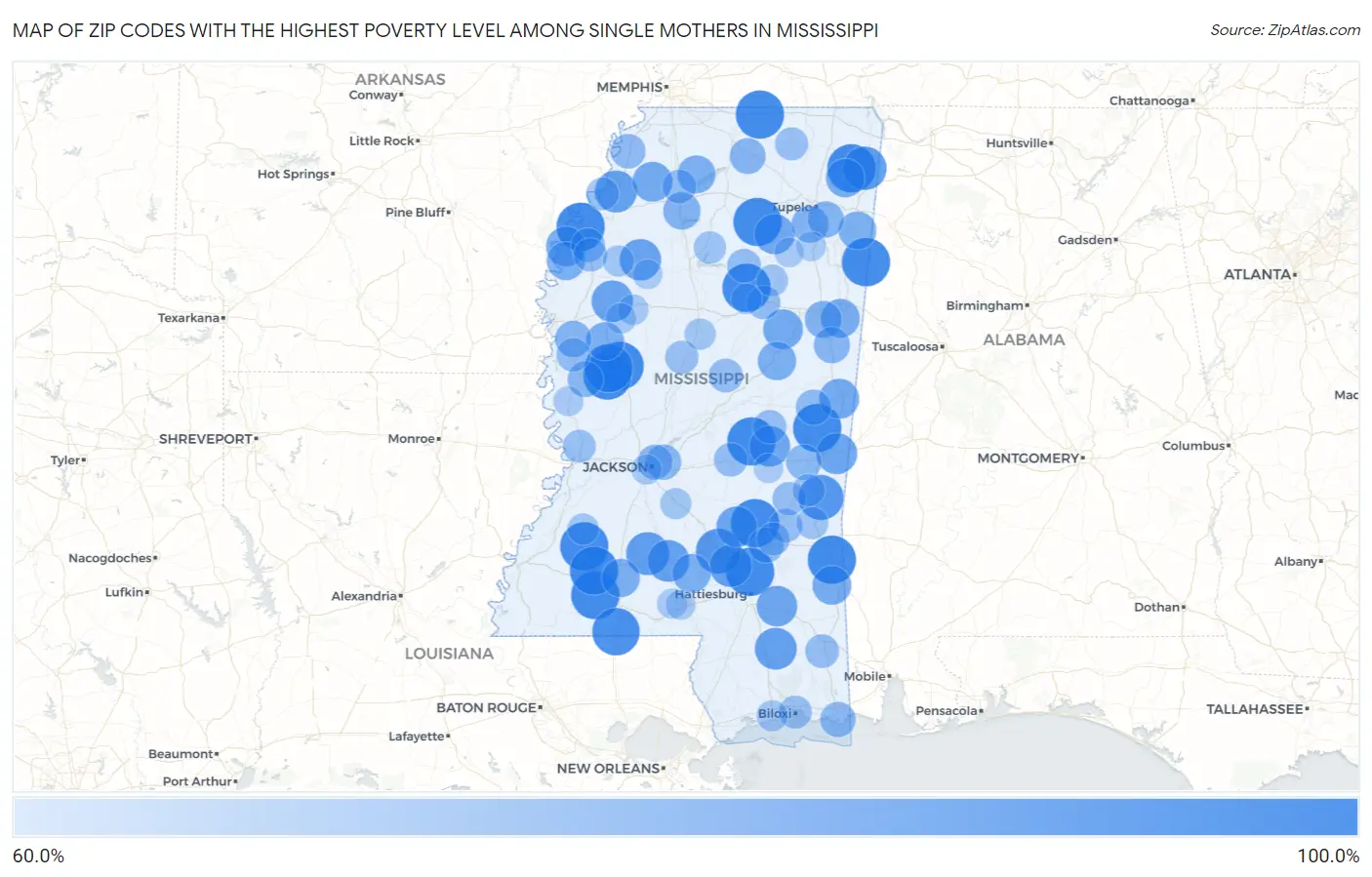Zip Codes with the Highest Poverty Level Among Single Mothers in Mississippi Map