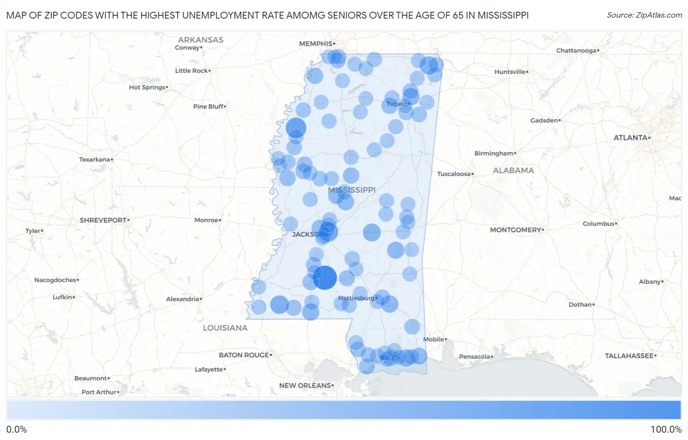 Zip Codes with the Highest Unemployment Rate Amomg Seniors Over the Age of 65 in Mississippi Map