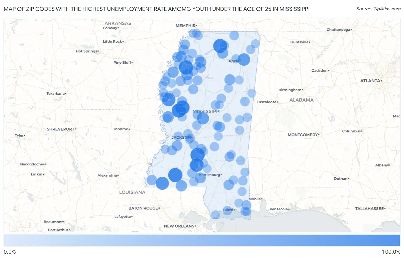 Zip Codes with the Highest Unemployment Rate Amomg Youth Under the Age of 25 in Mississippi Map