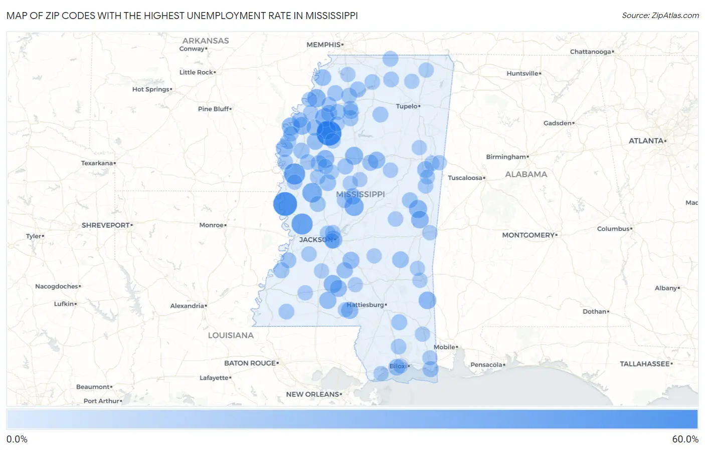 Zip Codes with the Highest Unemployment Rate in Mississippi Map