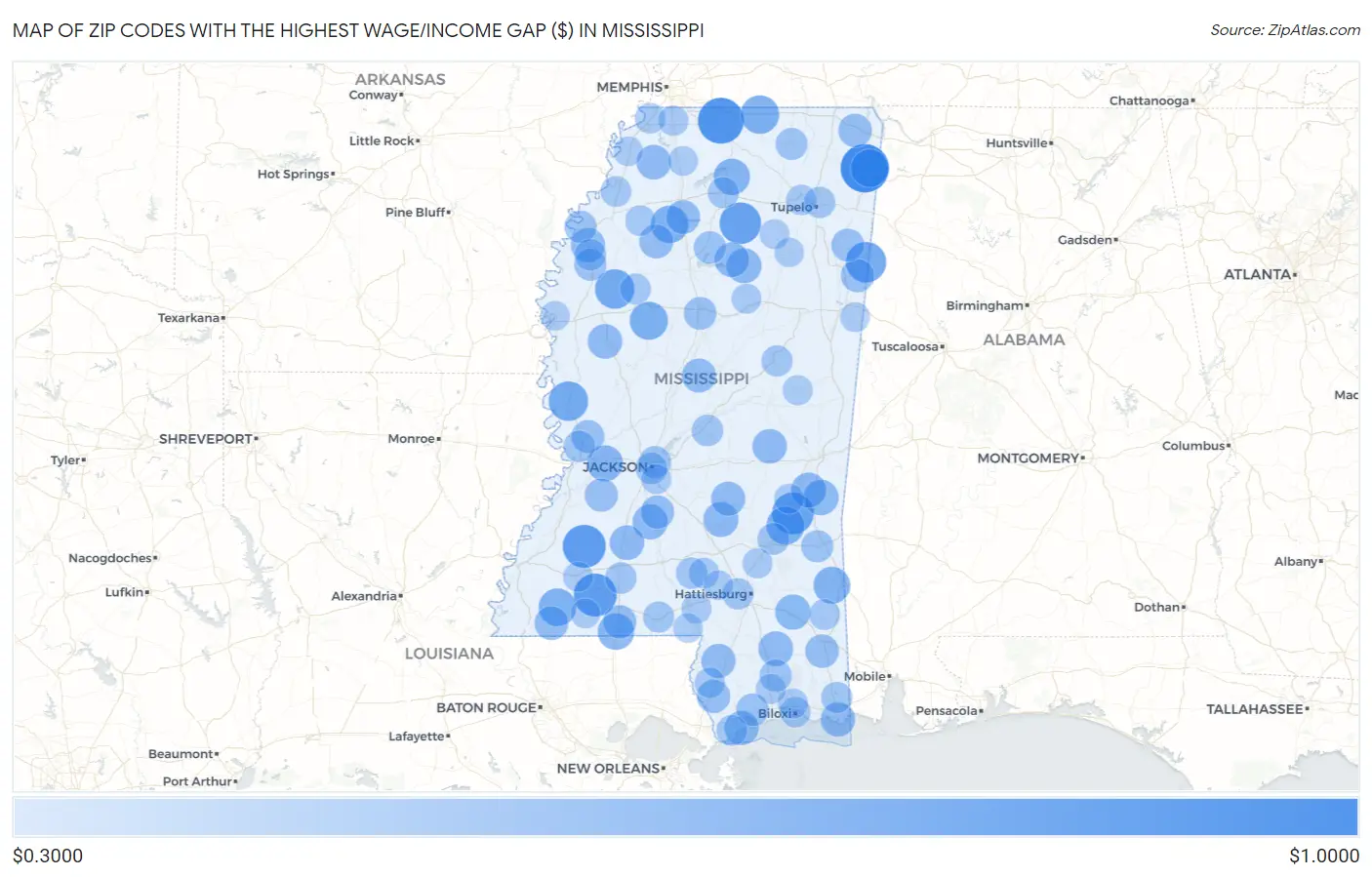 Zip Codes with the Highest Wage/Income Gap ($) in Mississippi Map