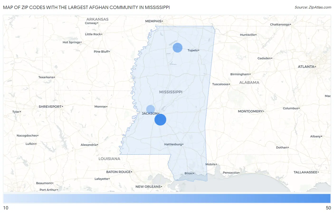 Zip Codes with the Largest Afghan Community in Mississippi Map