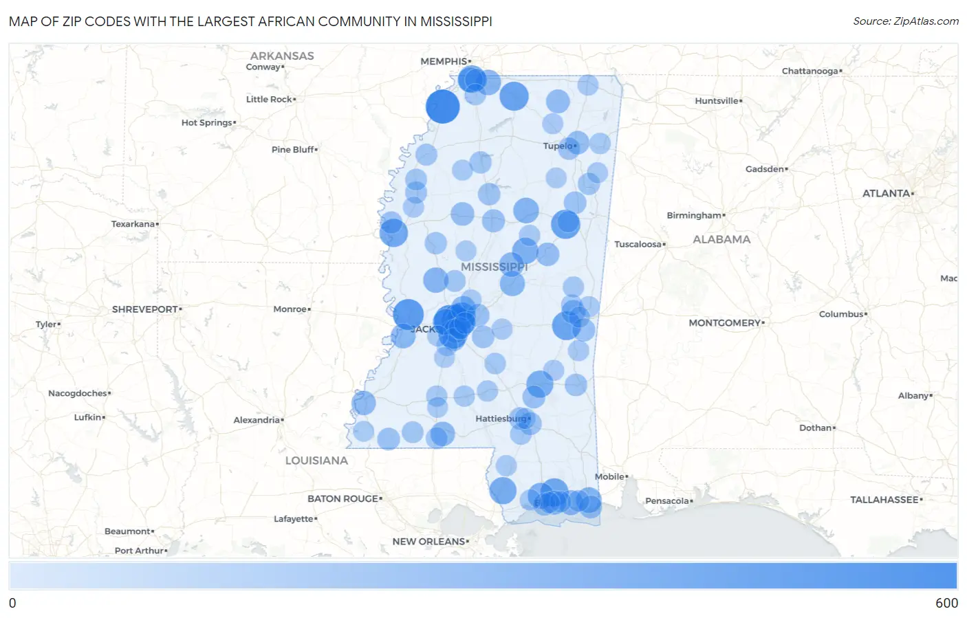 Zip Codes with the Largest African Community in Mississippi Map