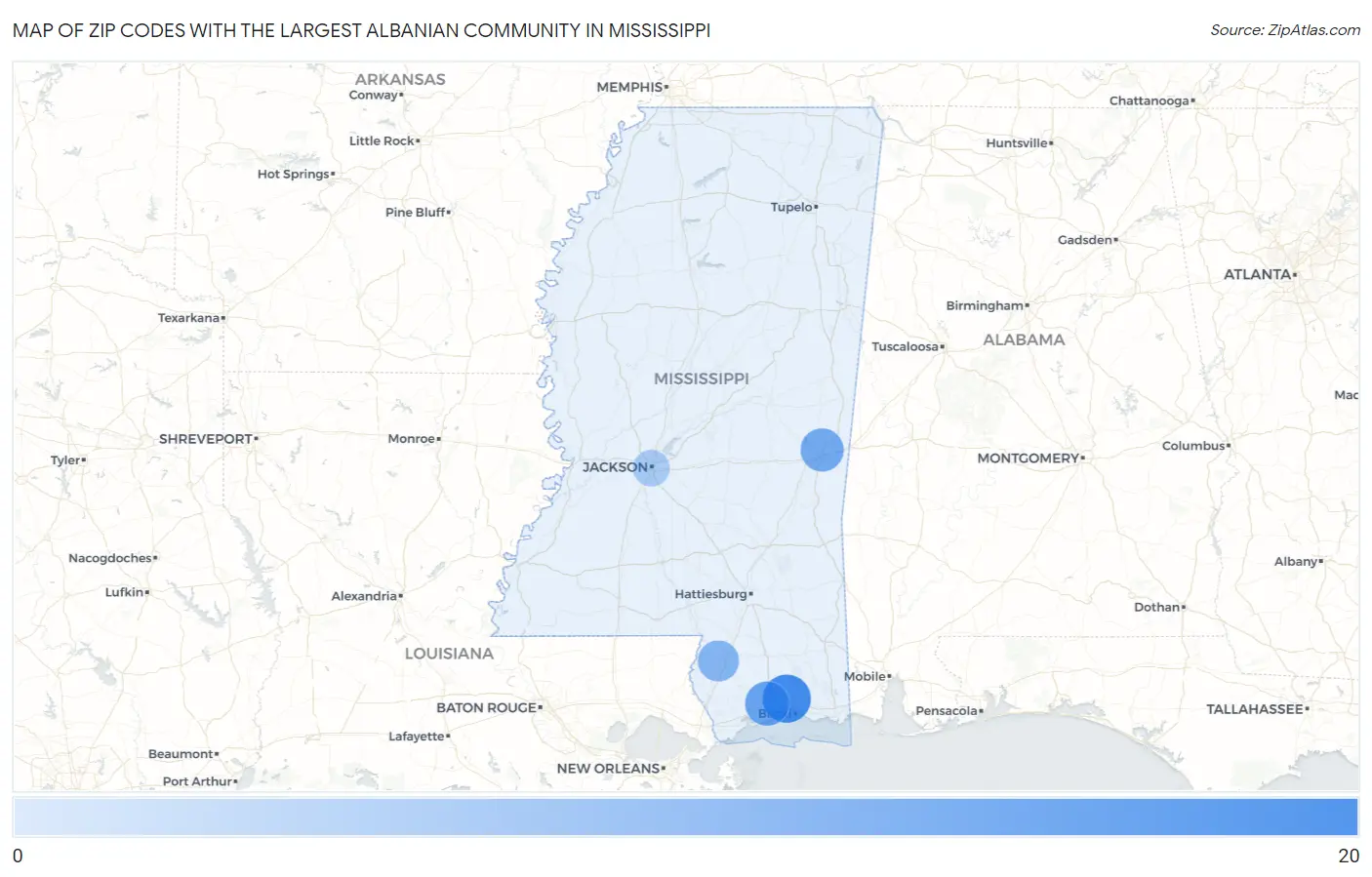 Zip Codes with the Largest Albanian Community in Mississippi Map