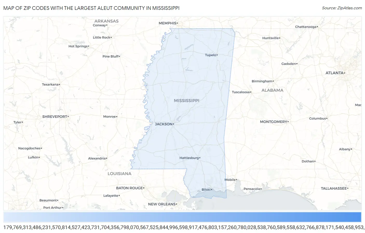 Zip Codes with the Largest Aleut Community in Mississippi Map