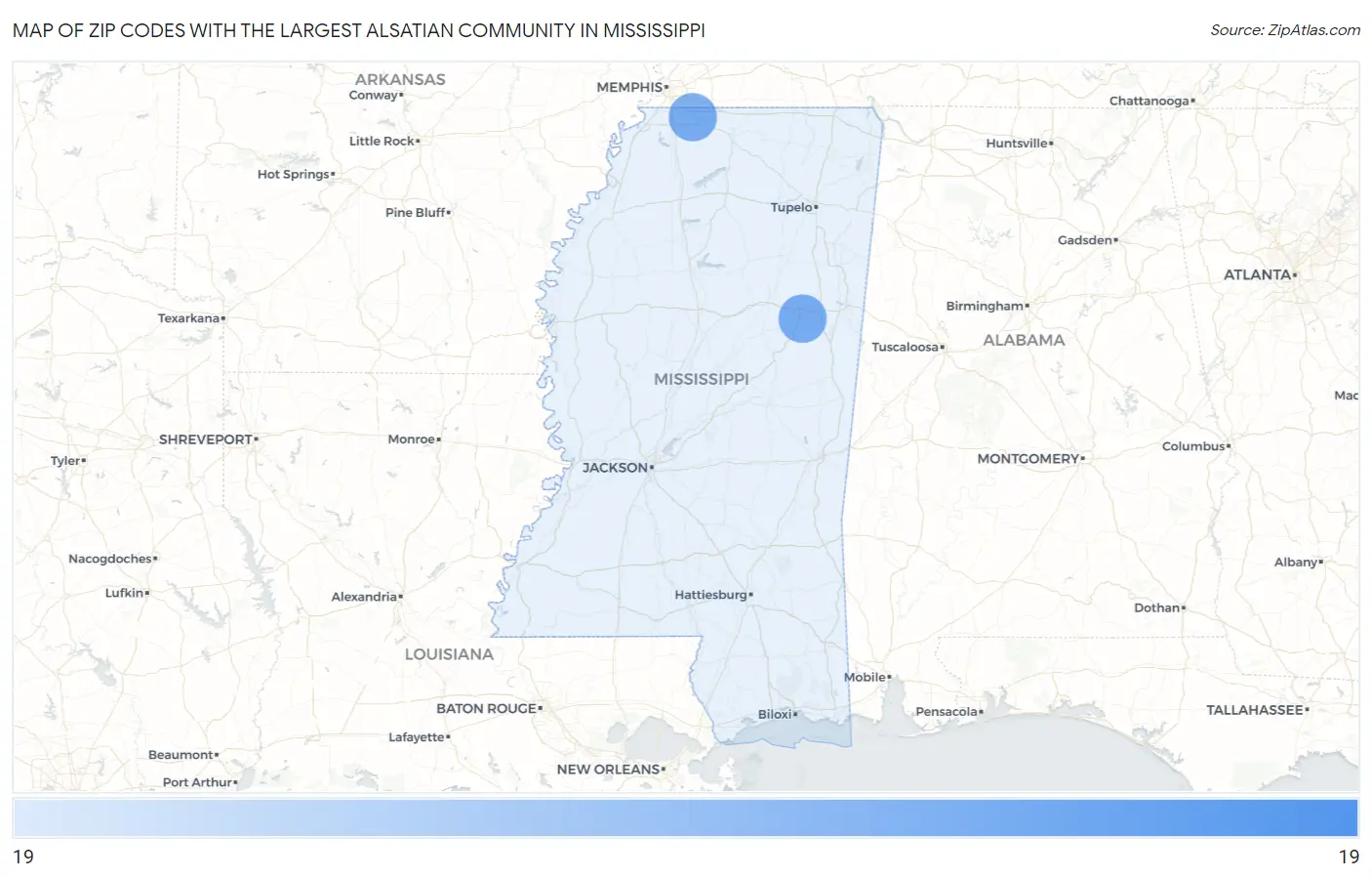Zip Codes with the Largest Alsatian Community in Mississippi Map