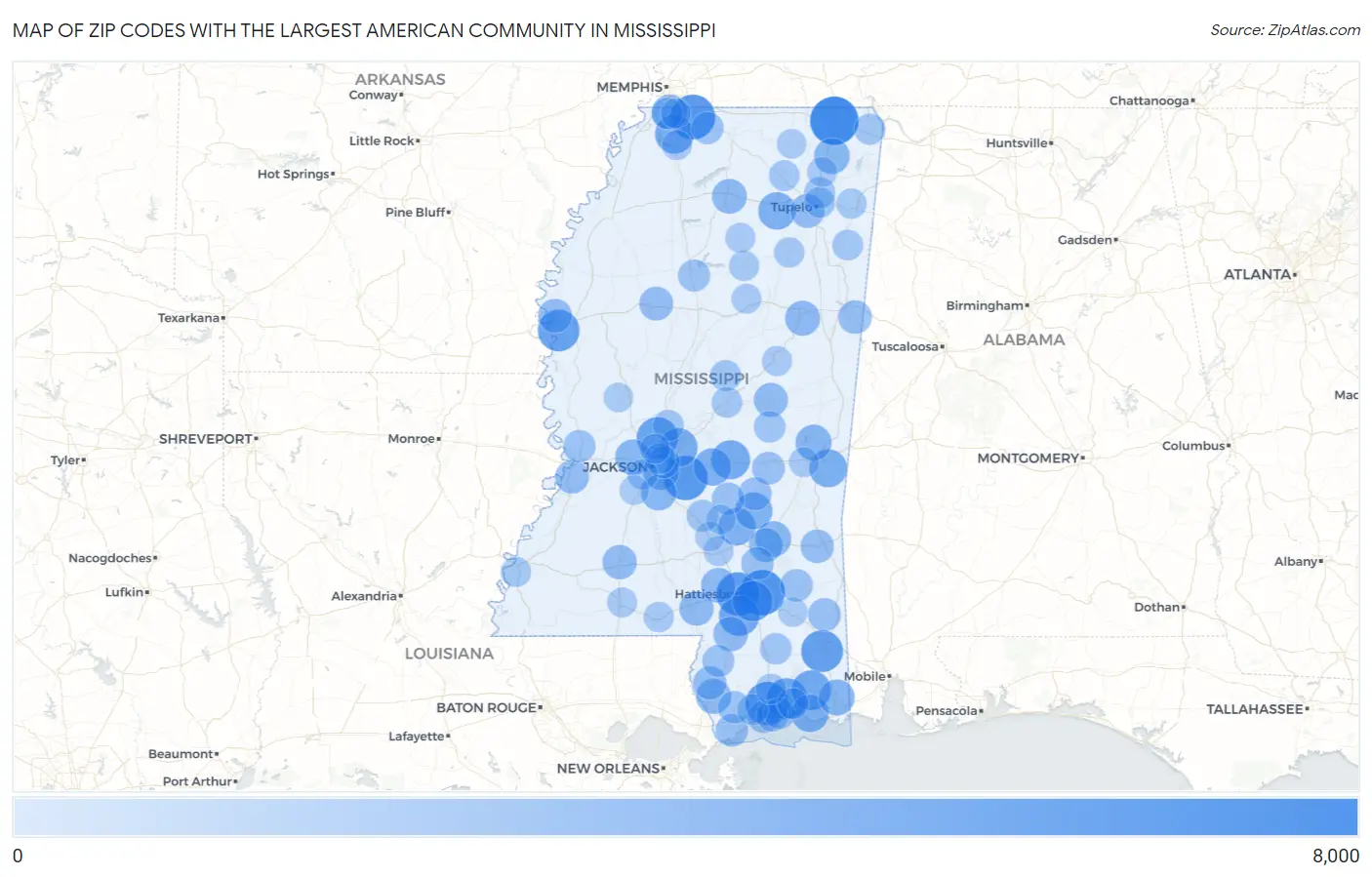 Zip Codes with the Largest American Community in Mississippi Map