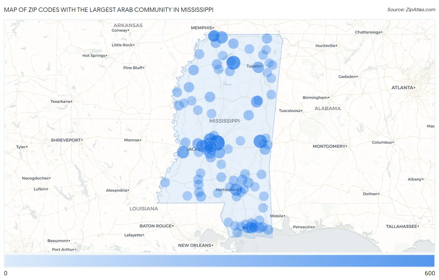Zip Codes with the Largest Arab Community in Mississippi Map