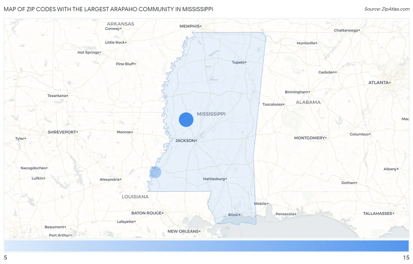 Zip Codes with the Largest Arapaho Community in Mississippi Map