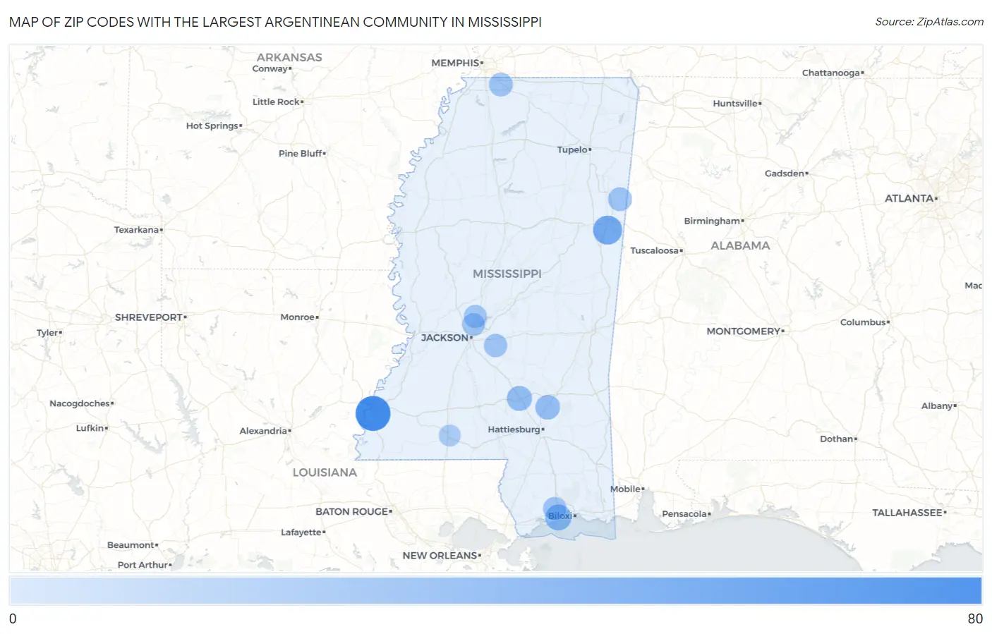Zip Codes with the Largest Argentinean Community in Mississippi Map