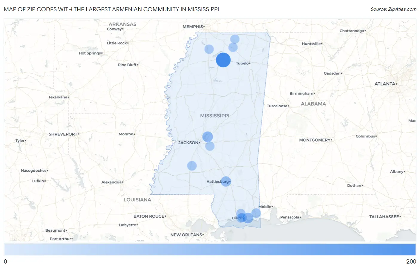 Zip Codes with the Largest Armenian Community in Mississippi Map