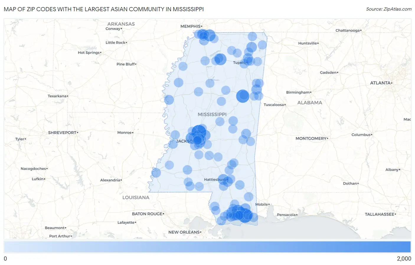 Zip Codes with the Largest Asian Community in Mississippi Map