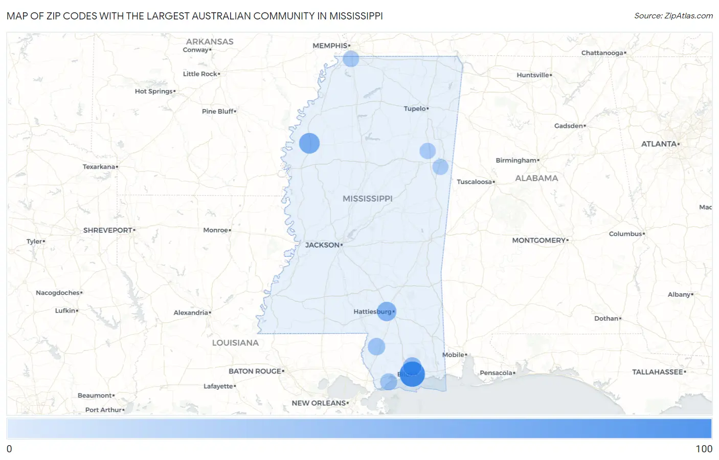 Zip Codes with the Largest Australian Community in Mississippi Map