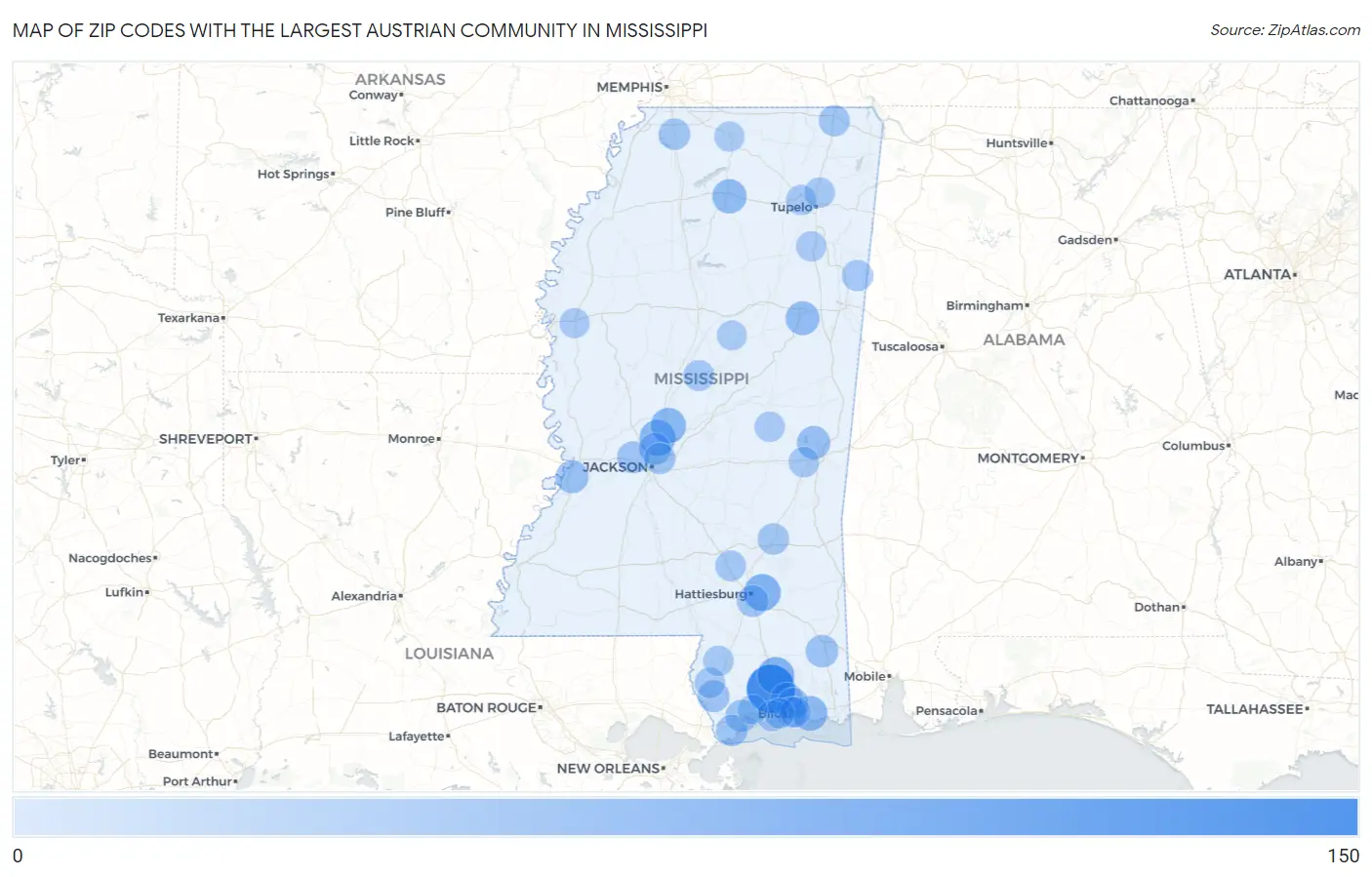 Zip Codes with the Largest Austrian Community in Mississippi Map