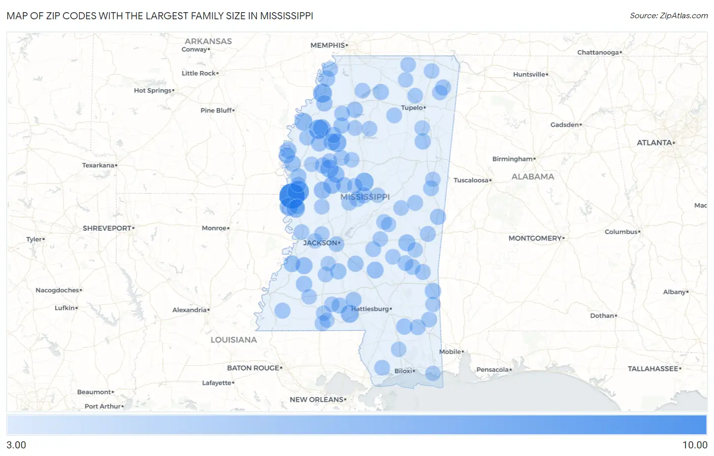 Zip Codes with the Largest Family Size in Mississippi Map