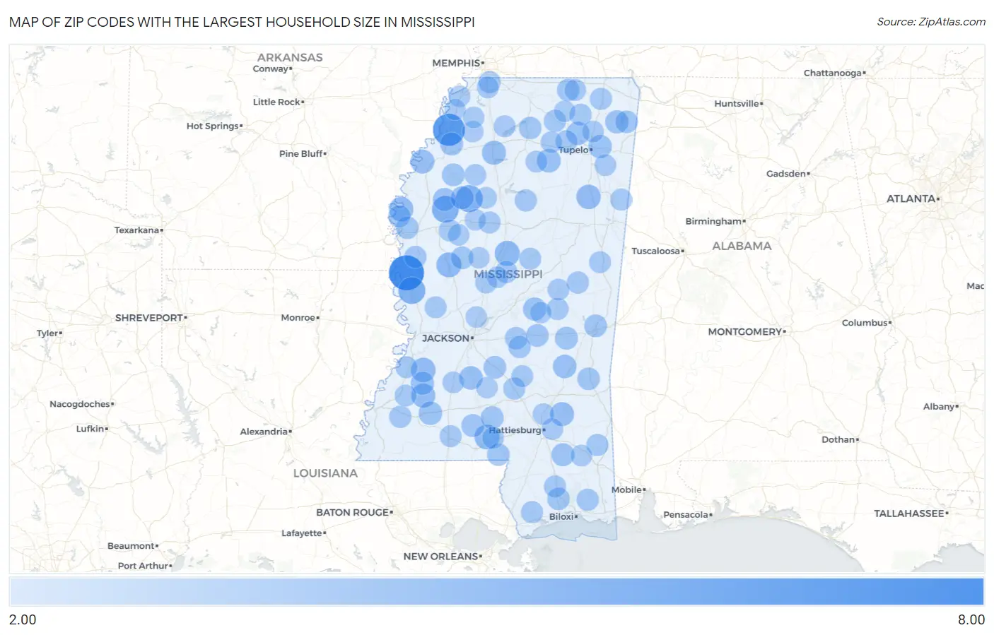 Zip Codes with the Largest Household Size in Mississippi Map