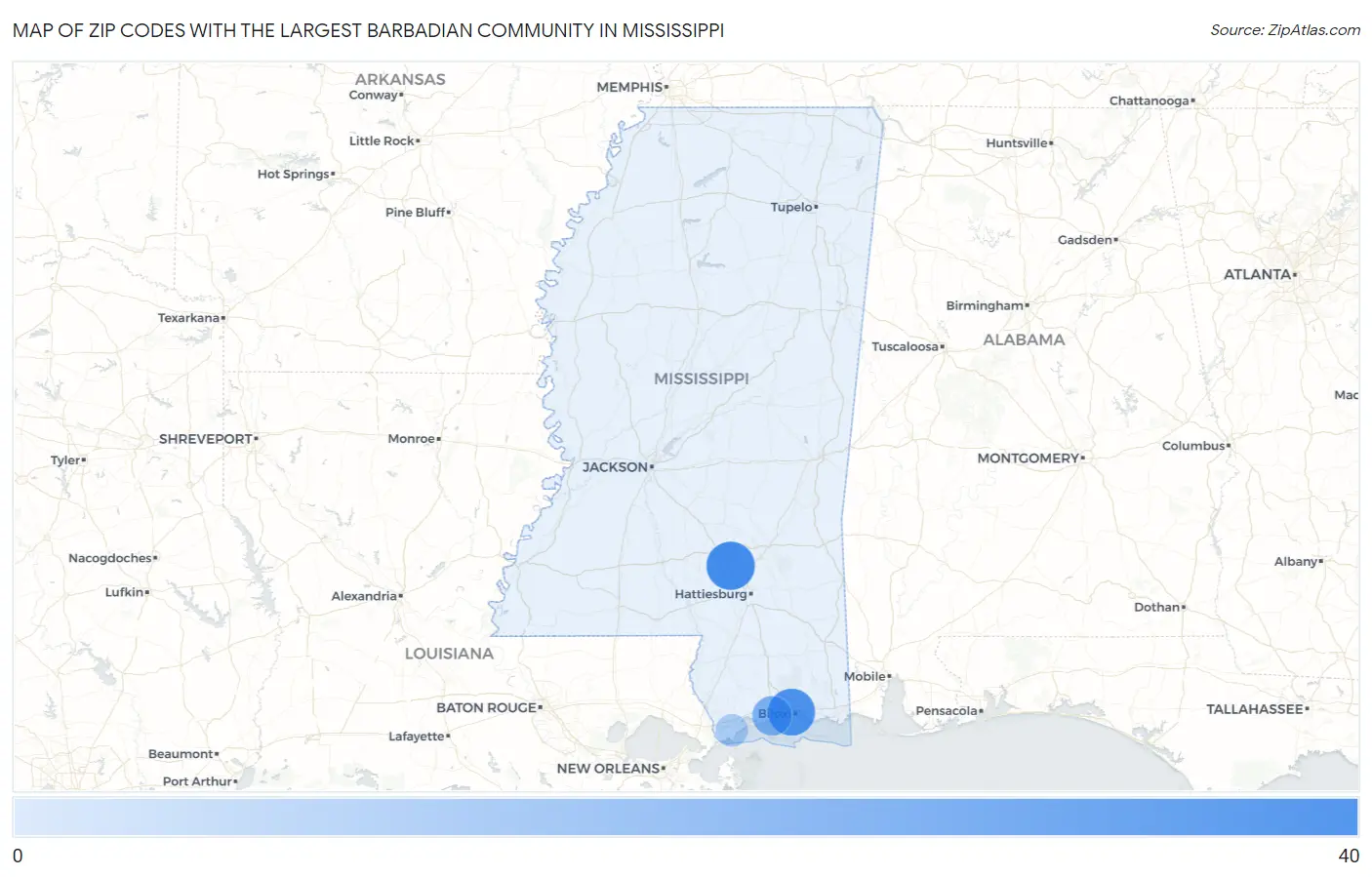 Zip Codes with the Largest Barbadian Community in Mississippi Map