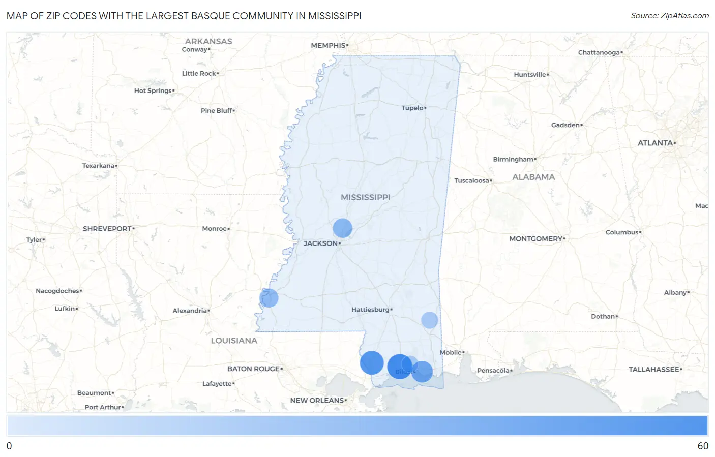 Zip Codes with the Largest Basque Community in Mississippi Map