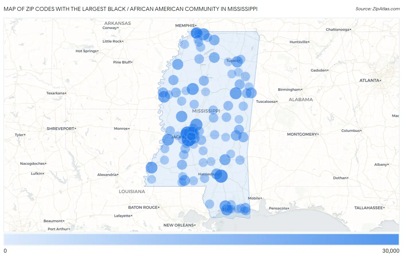 Zip Codes with the Largest Black / African American Community in Mississippi Map