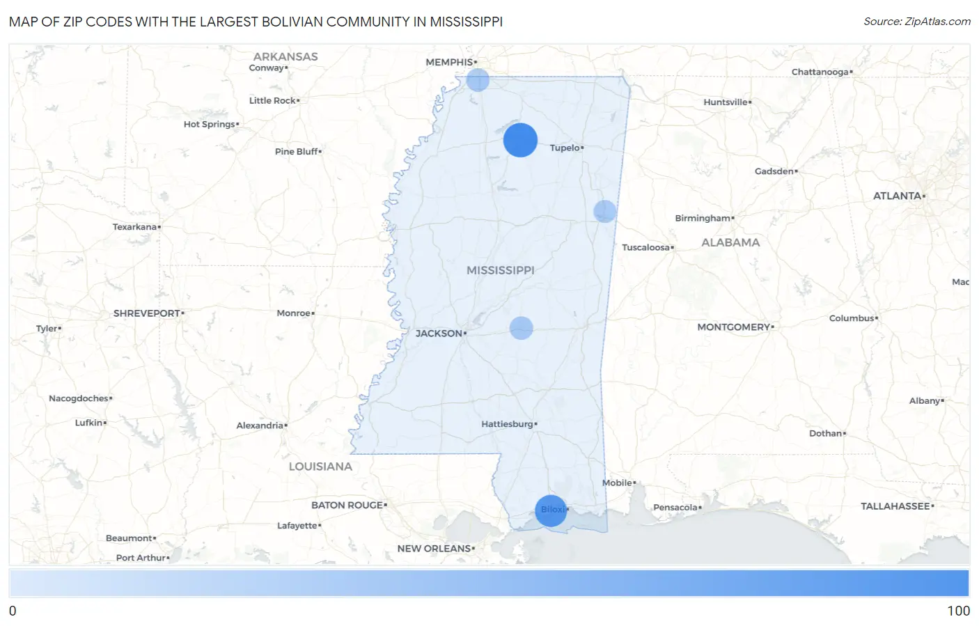 Zip Codes with the Largest Bolivian Community in Mississippi Map