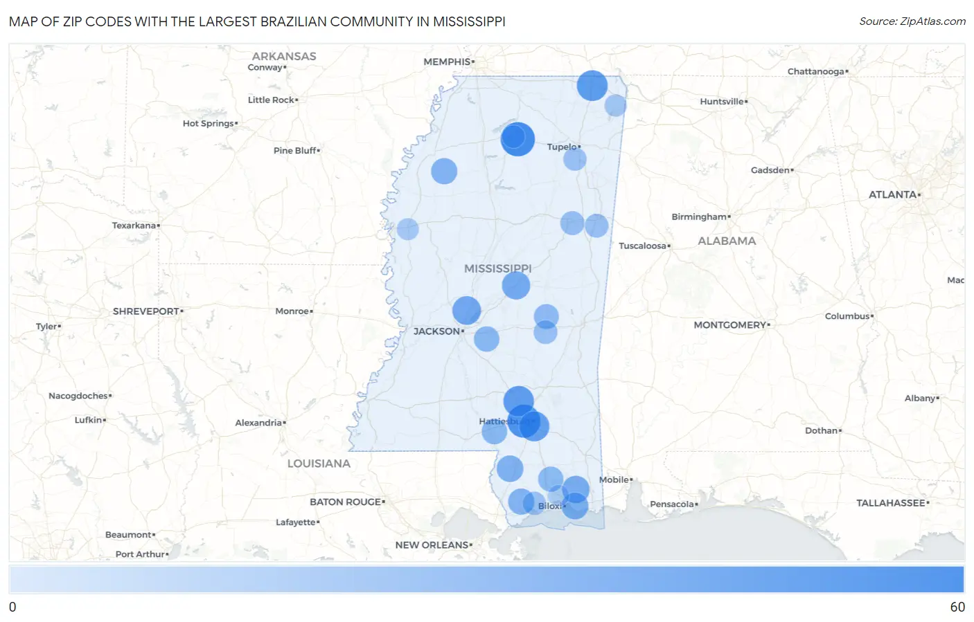 Zip Codes with the Largest Brazilian Community in Mississippi Map