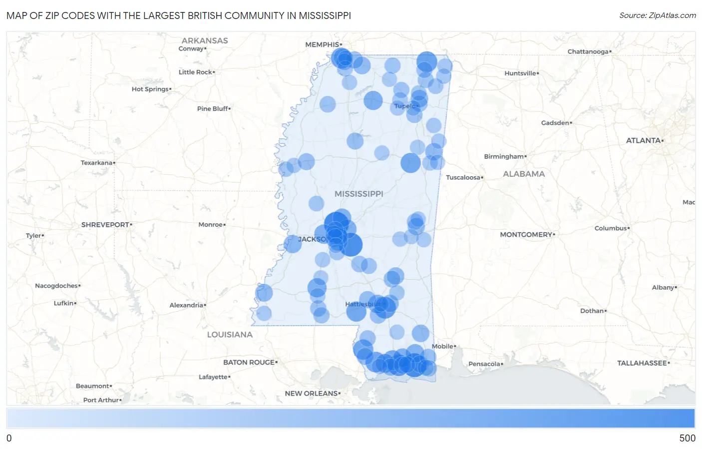 Zip Codes with the Largest British Community in Mississippi Map