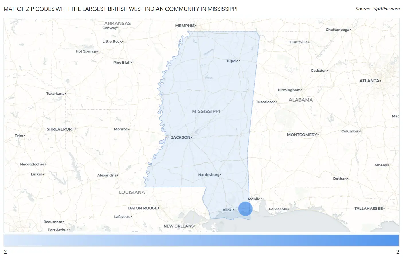 Zip Codes with the Largest British West Indian Community in Mississippi Map