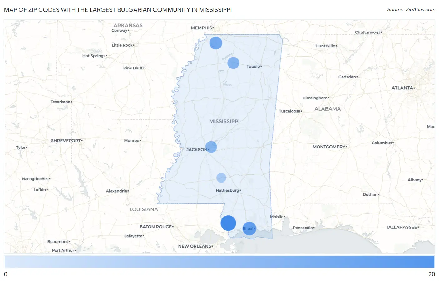 Zip Codes with the Largest Bulgarian Community in Mississippi Map