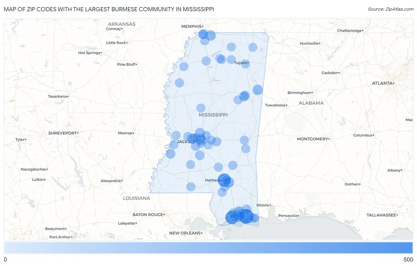 Zip Codes with the Largest Burmese Community in Mississippi Map
