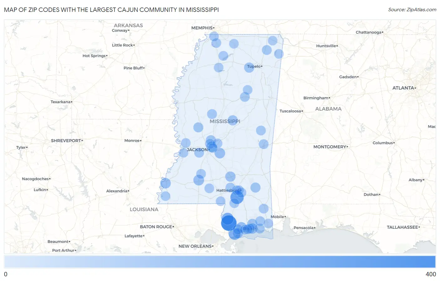 Zip Codes with the Largest Cajun Community in Mississippi Map