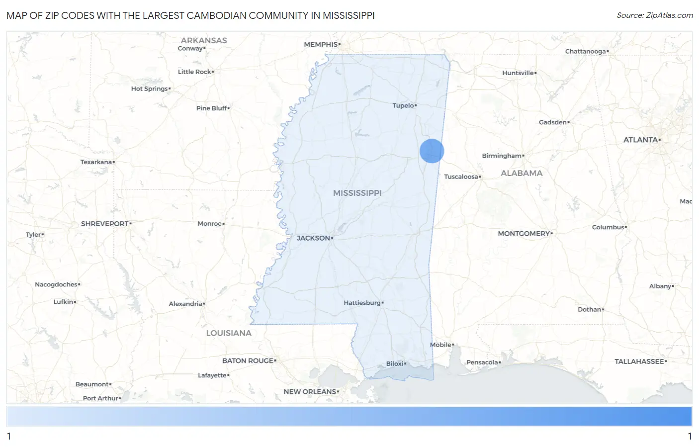 Zip Codes with the Largest Cambodian Community in Mississippi Map