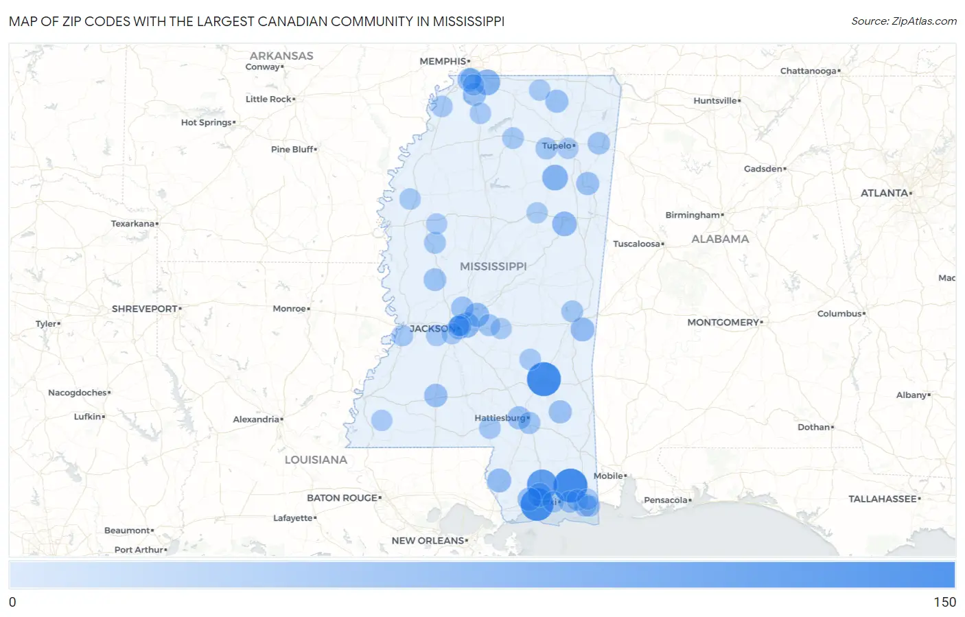 Zip Codes with the Largest Canadian Community in Mississippi Map