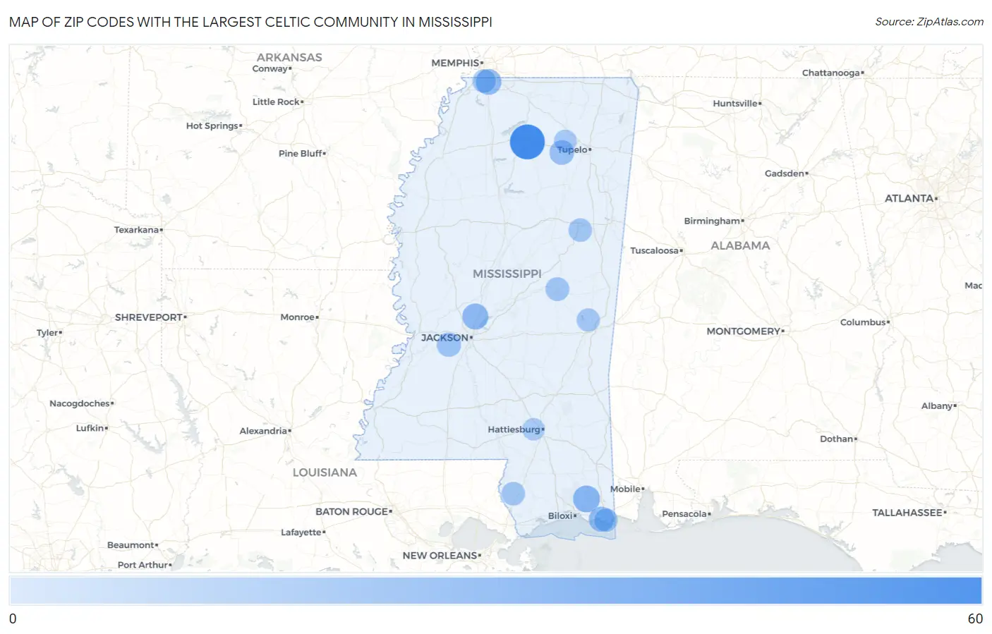 Zip Codes with the Largest Celtic Community in Mississippi Map