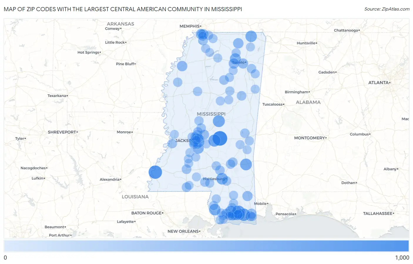 Zip Codes with the Largest Central American Community in Mississippi Map