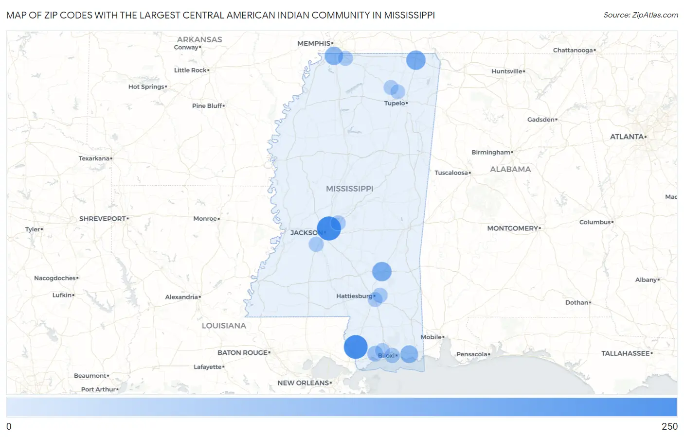 Zip Codes with the Largest Central American Indian Community in Mississippi Map