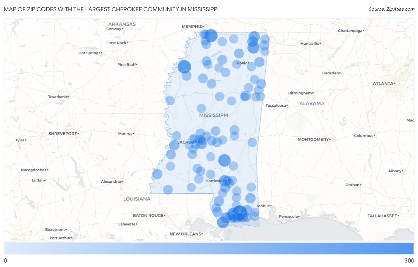 Zip Codes with the Largest Cherokee Community in Mississippi Map