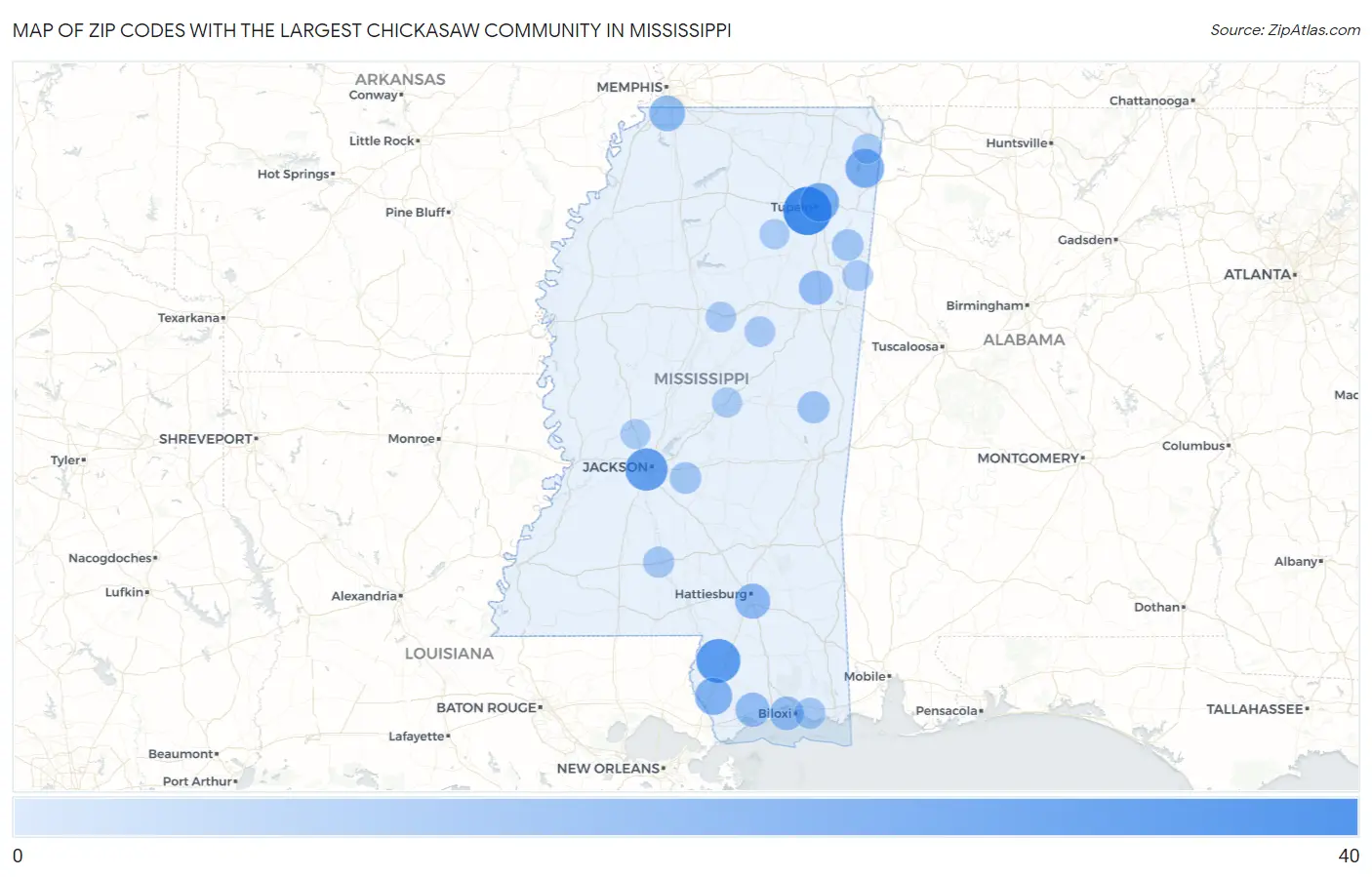 Zip Codes with the Largest Chickasaw Community in Mississippi Map