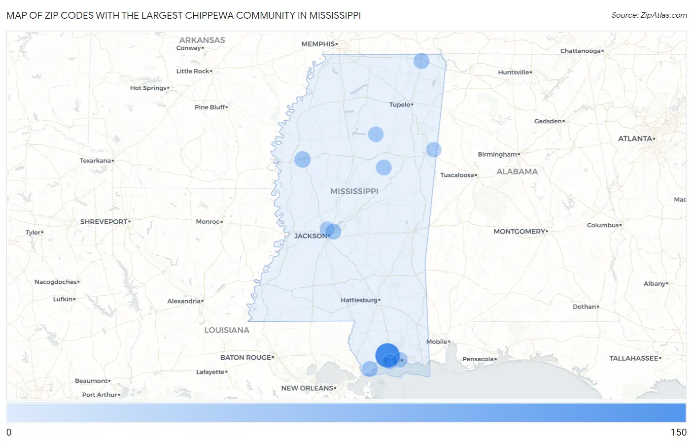 Zip Codes with the Largest Chippewa Community in Mississippi Map