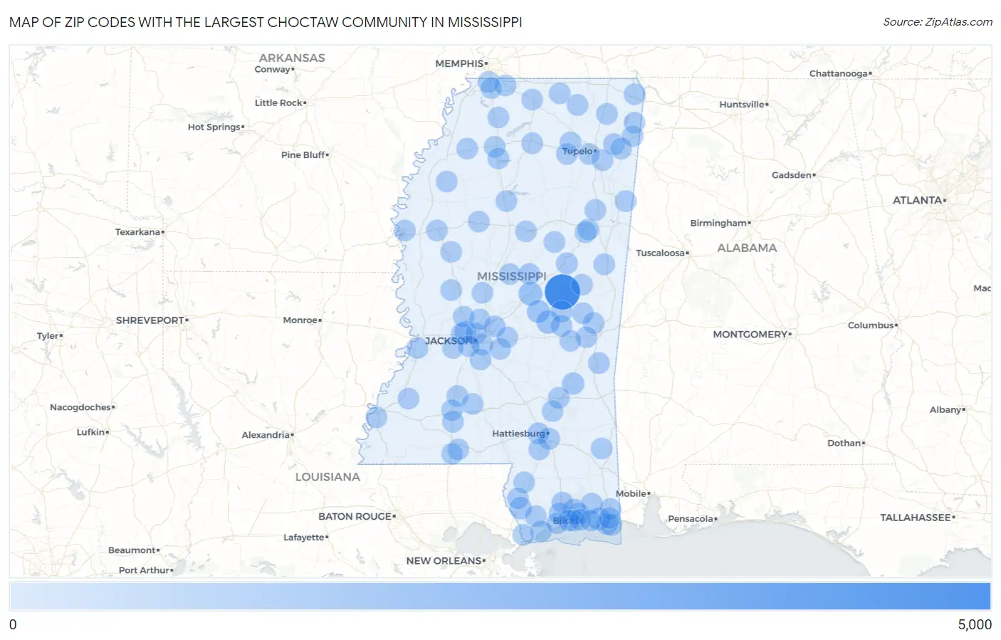 Zip Codes with the Largest Choctaw Community in Mississippi Map