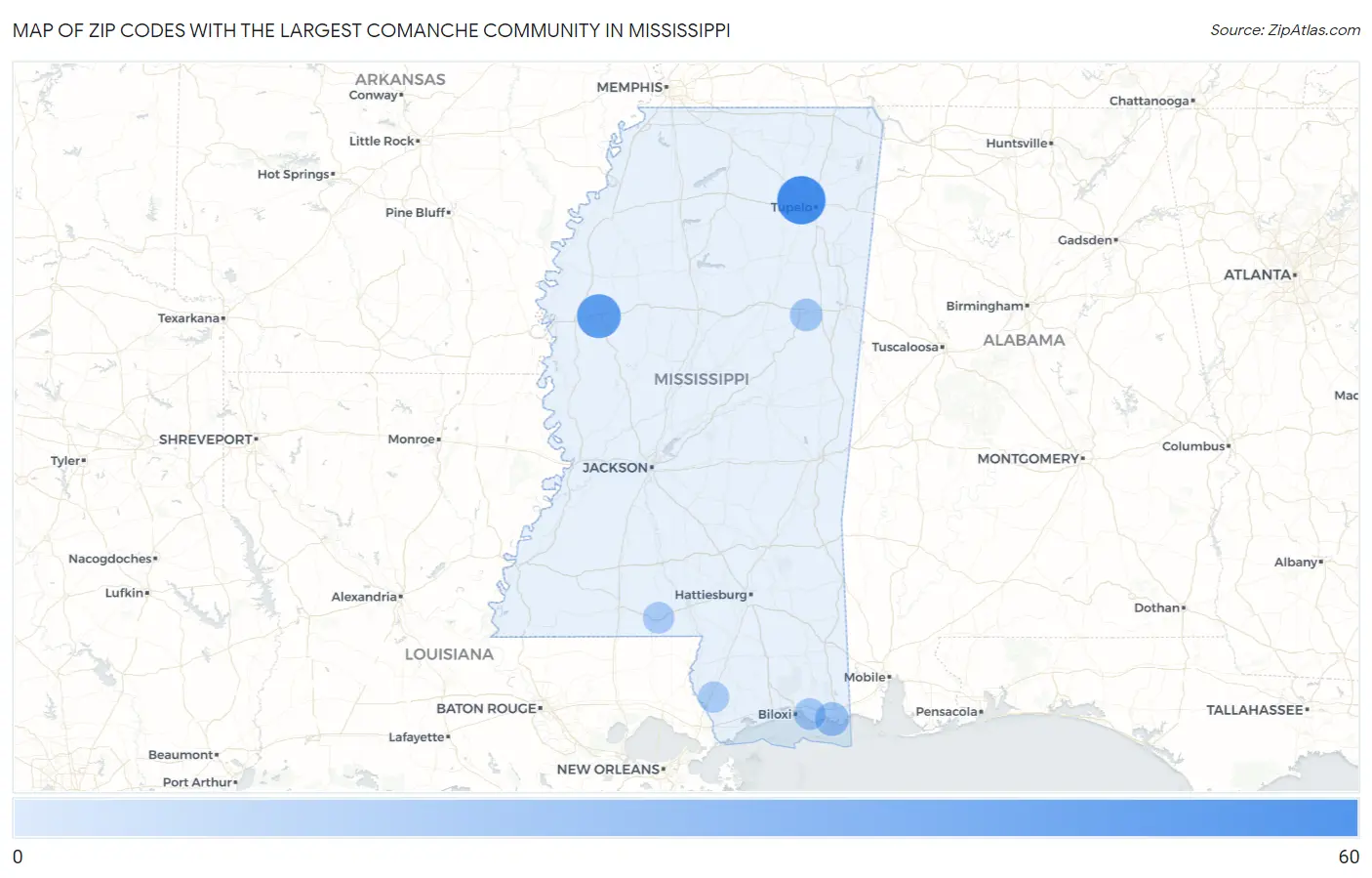 Zip Codes with the Largest Comanche Community in Mississippi Map