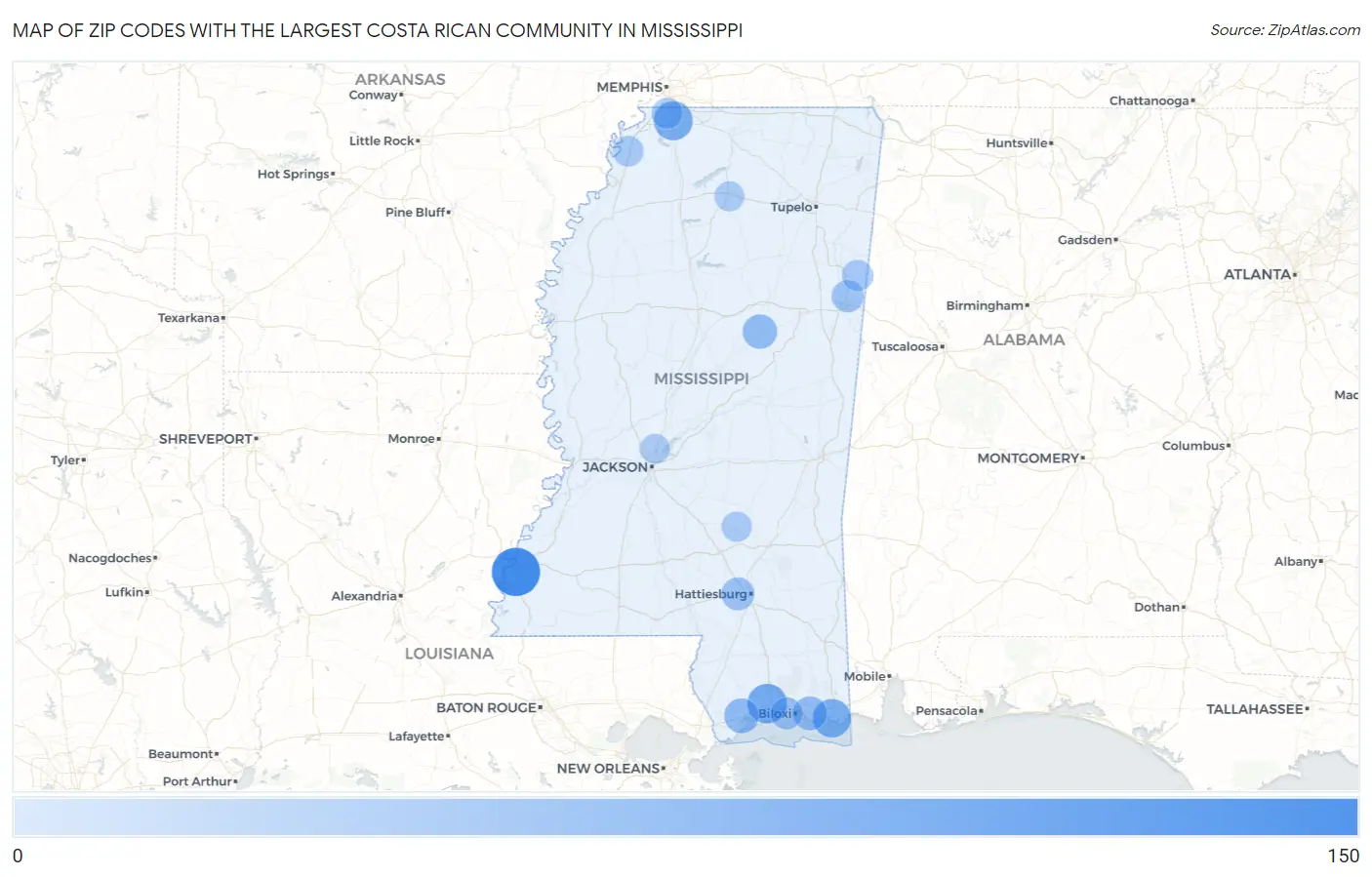 Zip Codes with the Largest Costa Rican Community in Mississippi Map