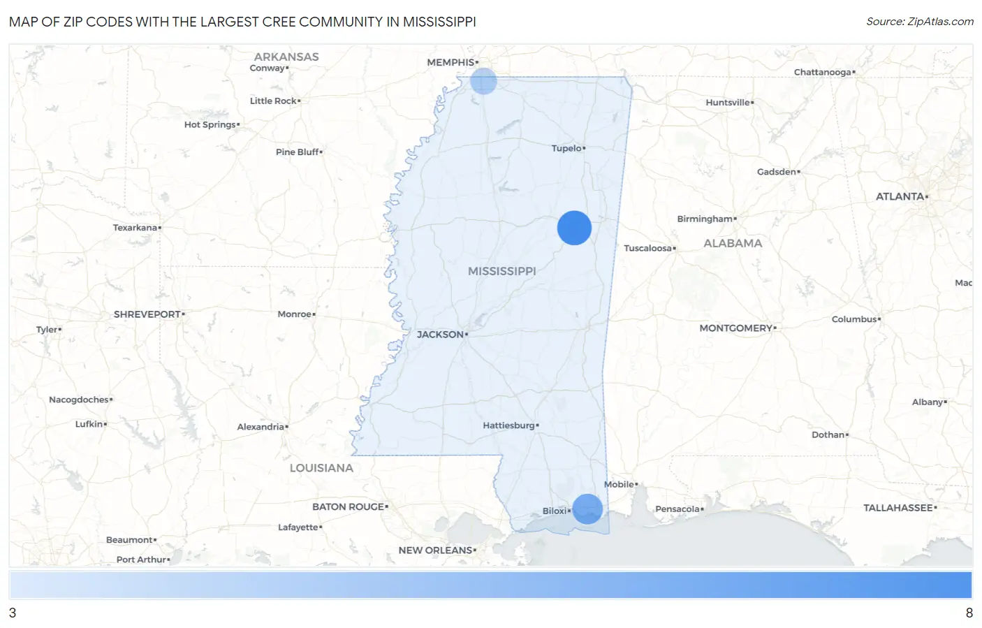 Zip Codes with the Largest Cree Community in Mississippi Map