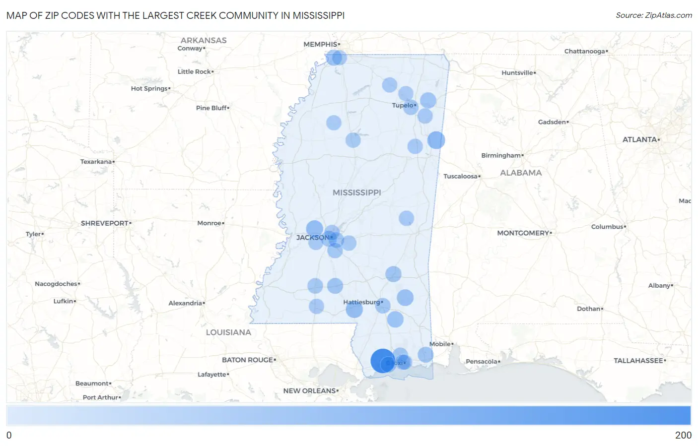 Zip Codes with the Largest Creek Community in Mississippi Map